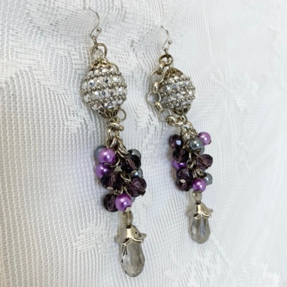 3.5” Silver Toned Disco Earrings w/ Purple & Gray Bead’s